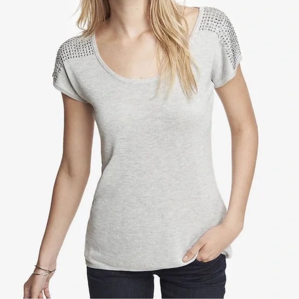 Express Cream Fitted Cap Sleeve Embellished Tee